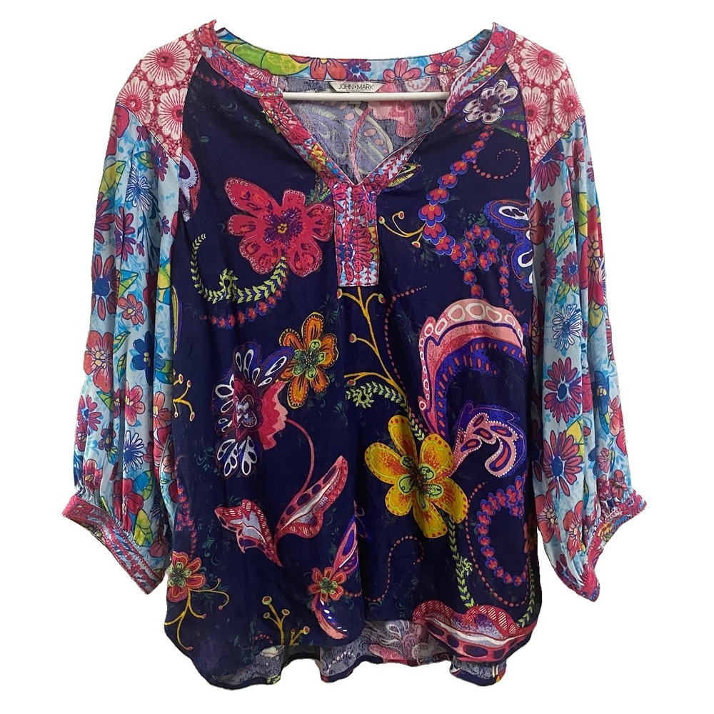 John Mark Women Embroidered Floral Lightweight Tunic Blouse Blue/Pink Top S M L